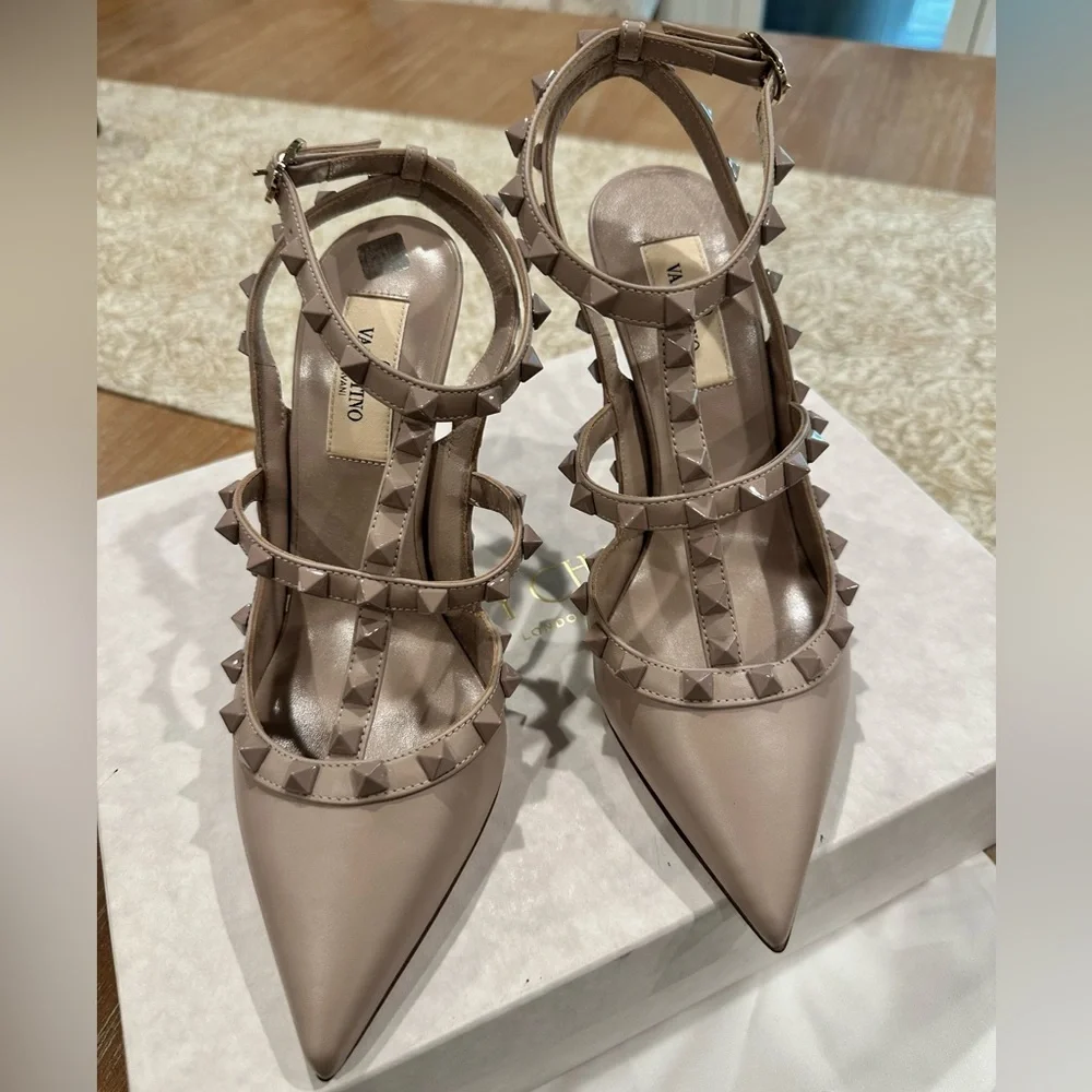 Valentino Rockstud Pointed Toe T-Strap Heels in Nude